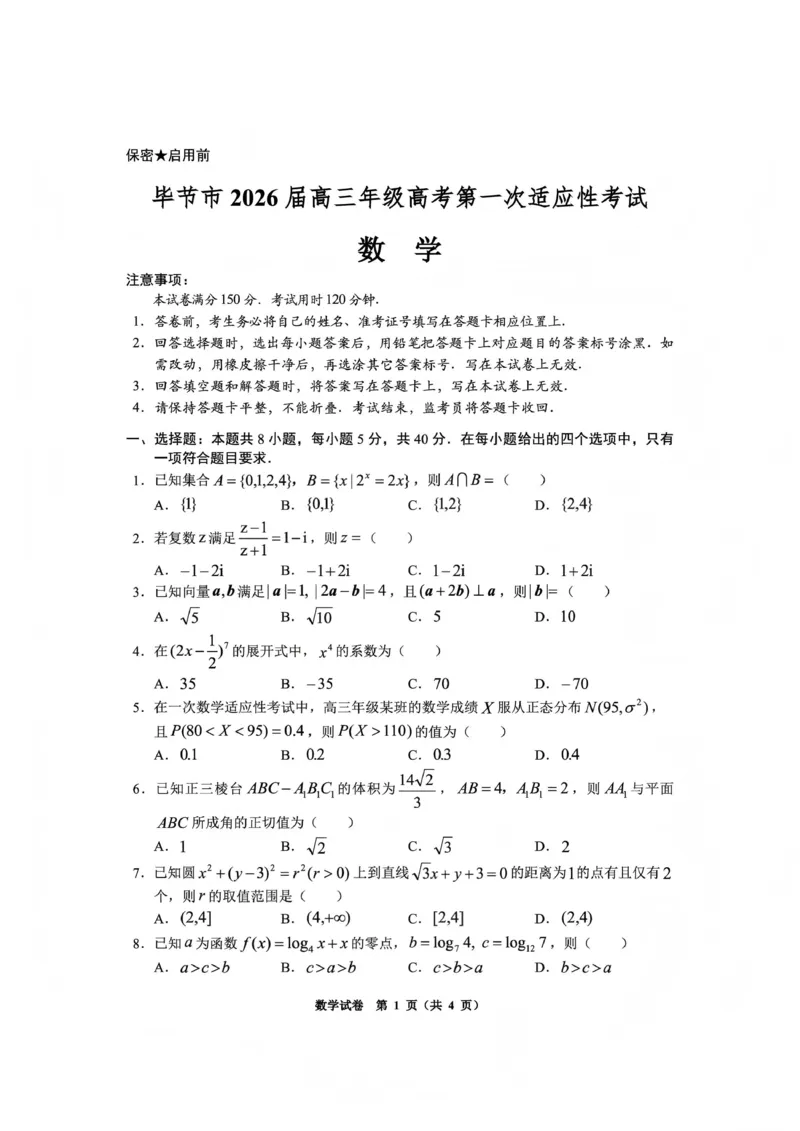 毕节市2026届高三年级高考第一次适应性考试数学(1)_2026年1月_260119贵州省毕节市2026届高三年级高考第一次适应性考试（毕节一诊）（全）
