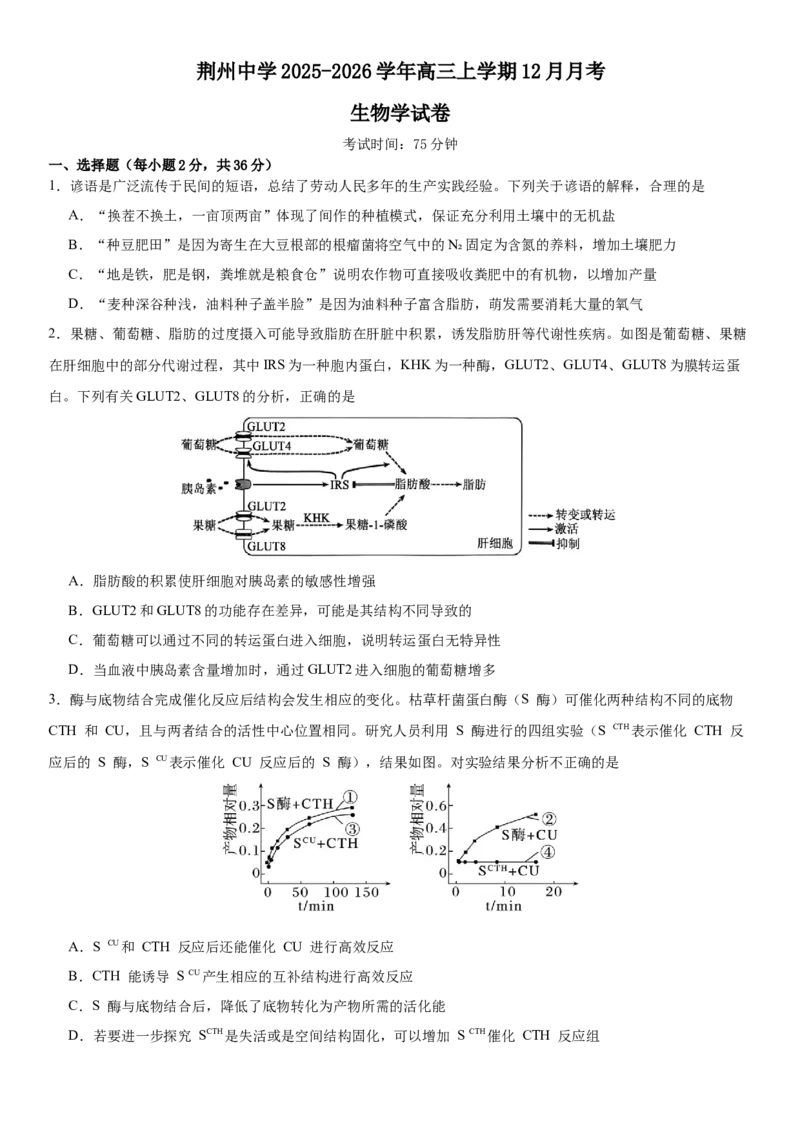 湖北省荆州中学2025-2026学年高三上学期12月月考生物试卷(1)_2026年1月_260104湖北省荆州中学2025-2026学年高三上学期12月月考（全科）