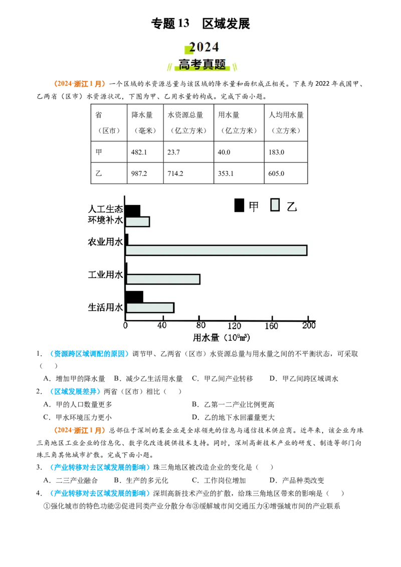 专题13区域发展2024年高考真题和模拟题地理分类汇编（学生卷）_近10年高考真题汇编（必刷）_十年（2014-2024）高考地理真题分项汇编（全国通用）