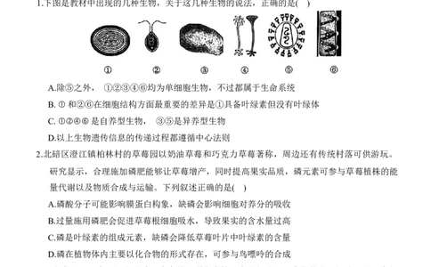 重庆市西南大学附属中学2025-2026学年高三上学期1月月考生物试题(1)_2026年1月_260111重庆市西南大学附属中学校2026届高三上学期1月定时检测（一诊）（全科）