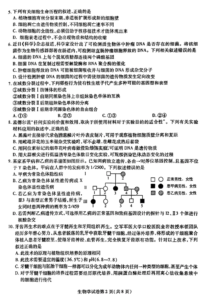 2024届东北三省三校高三下学期第四次联合模拟考试-生物(1)_2024年6月(1)_026月合集_2024届东北三省三校高三下学期第四次联合模拟考试全科