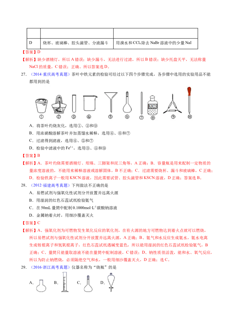 专题80实验仪器与安全（解析卷）_近10年高考真题汇编（必刷）_十年（2014-2024）高考化学真题分项汇编（全国通用）_十年（2014-2023）高考化学真题分项汇编（全国通用）