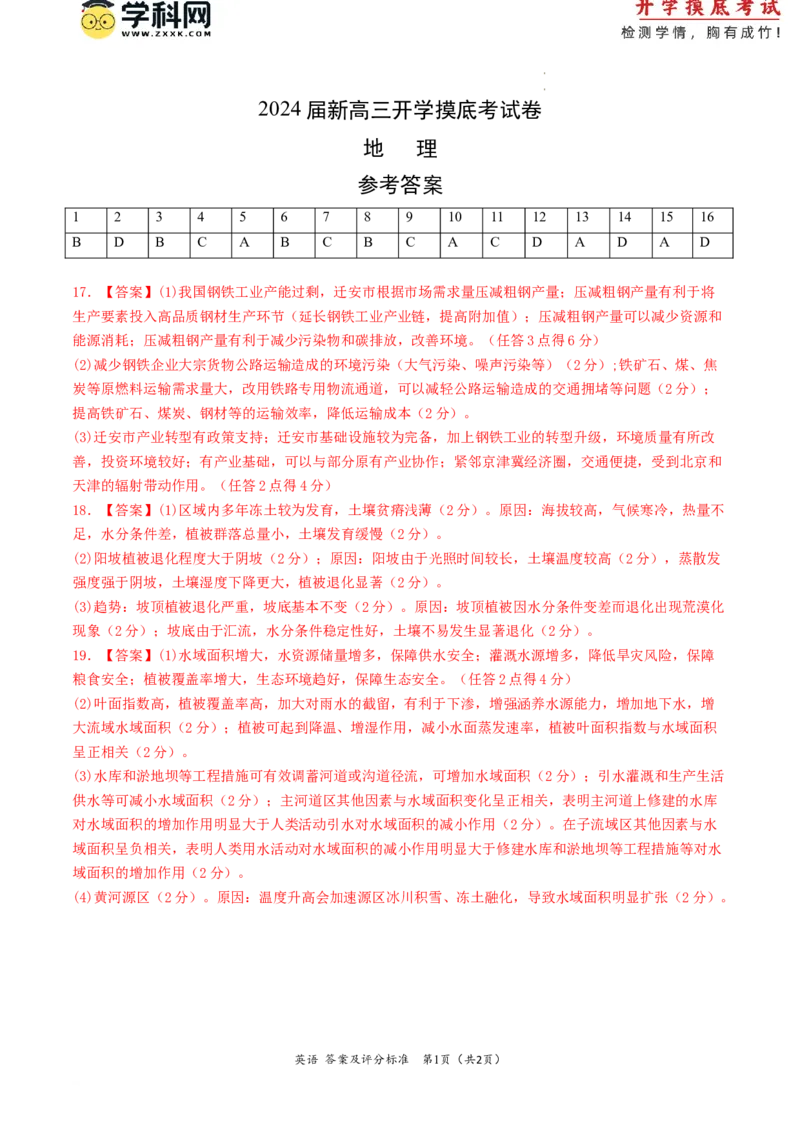 地理-2024届新高三开学摸底考试卷（江西、安徽、贵州、广西、黑龙江、吉林、甘肃七省新高考通用）（答案及评分标准）_2024届新高三开学摸底考试卷_地理-2024届新高三开学摸底考试卷