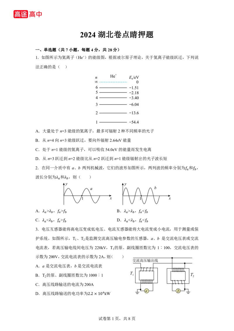 10_2024湖北卷点睛押题_2024高考押题卷_132024高途全系列_26高途点睛卷_2024点睛密卷-物理
