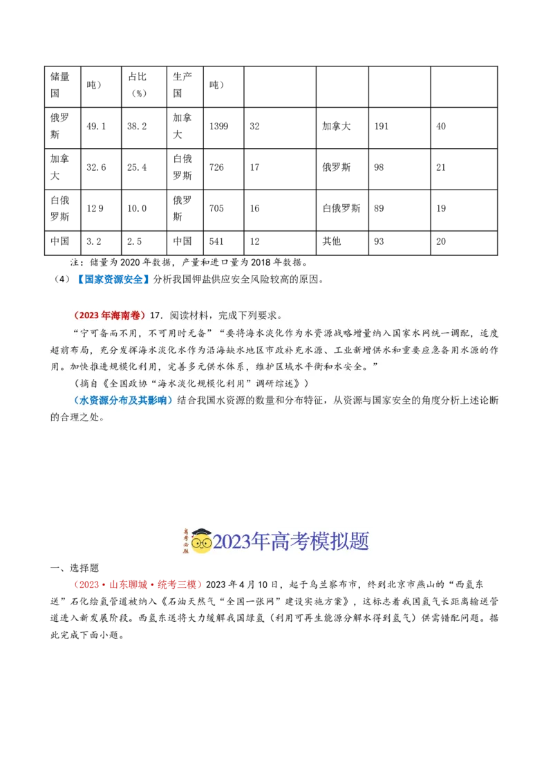 专题18资源、环境与国家安全-学易金卷：2023年高考真题和模拟题地理分项汇编（原卷卷）_近10年高考真题汇编（必刷）_十年（2014-2024）高考地理真题分项汇编（全国通用）