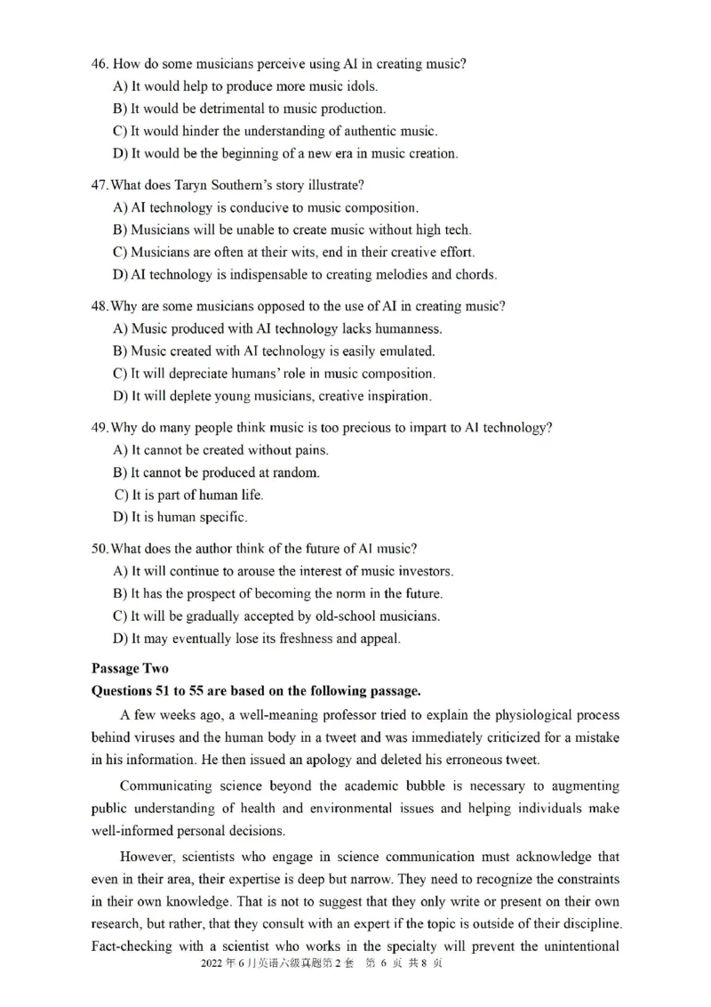 2022.06六级真题第2套可复制可搜索，打印首选_英语四六级整合_英语四六级真题版本二此版为主此文件夹会持续更新_六级真题_1.六级真题+答案解析+听力音频_2022年06月CET6