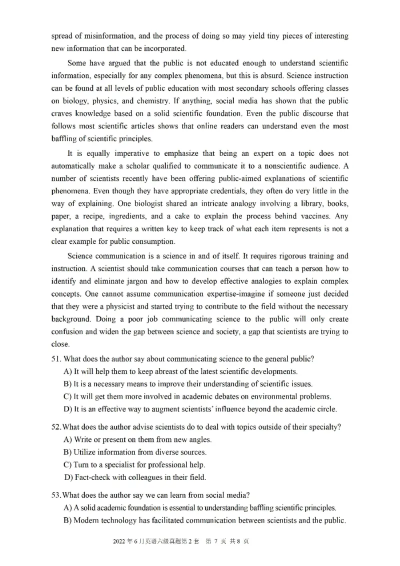 2022.06六级真题第2套可复制可搜索，打印首选_英语四六级整合_英语四六级真题版本二此版为主此文件夹会持续更新_六级真题_1.六级真题+答案解析+听力音频_2022年06月CET6
