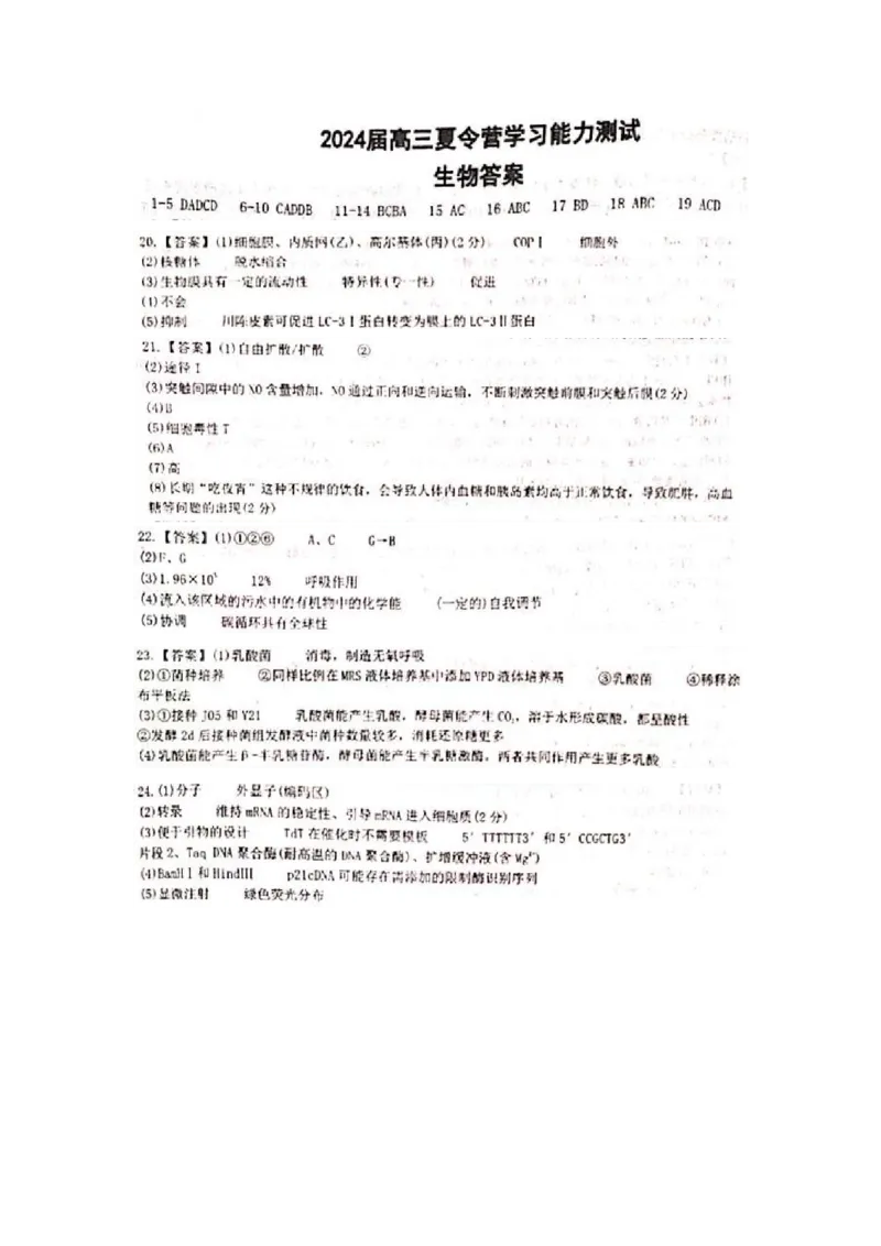 2024届高三夏令营学习能力测试生物答案_2023年8月_01每日更新_18号_2024届江苏省华罗庚中学高三上学期暑期夏令营学习能力测试