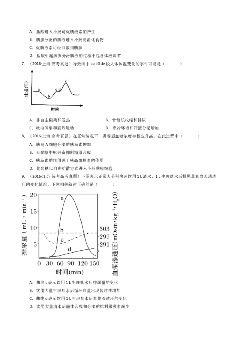 专题18体液调节（原卷卷）_近10年高考真题汇编（必刷）_十年（2014-2024）高考生物真题分项汇编（全国通用）_十年（2014-2023）高考生物真题分项汇编（全国通用）