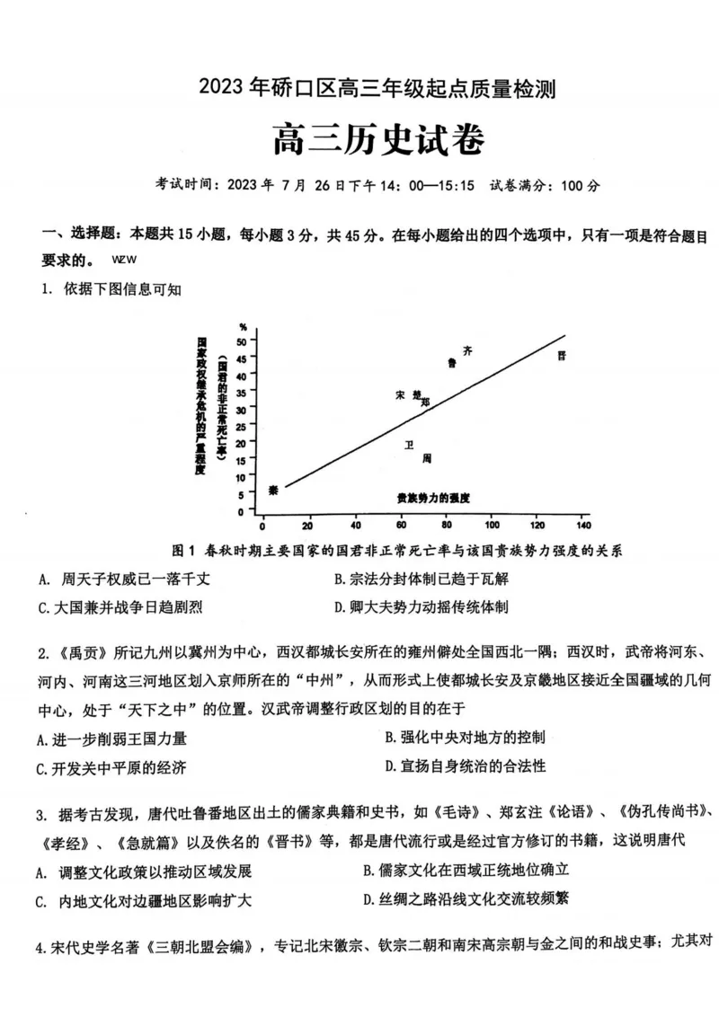 2024届武汉市硚口区高三上学期起点质量检测历史(1)_2023年7月_027月合集_2024届湖北武汉市硚口区高三上学期起点质量检测