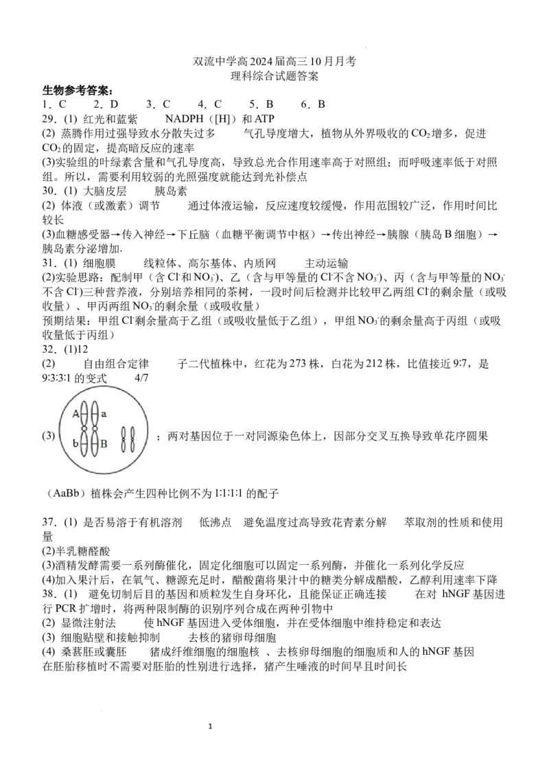 双流中学高2024届高三10月月考理科综合试题答案(1)_2023年10月_0210月合集_2024届四川省成都市双流中学高三上学期10月月考_四川省成都市双流中学2024届高三上学期10月月考理综