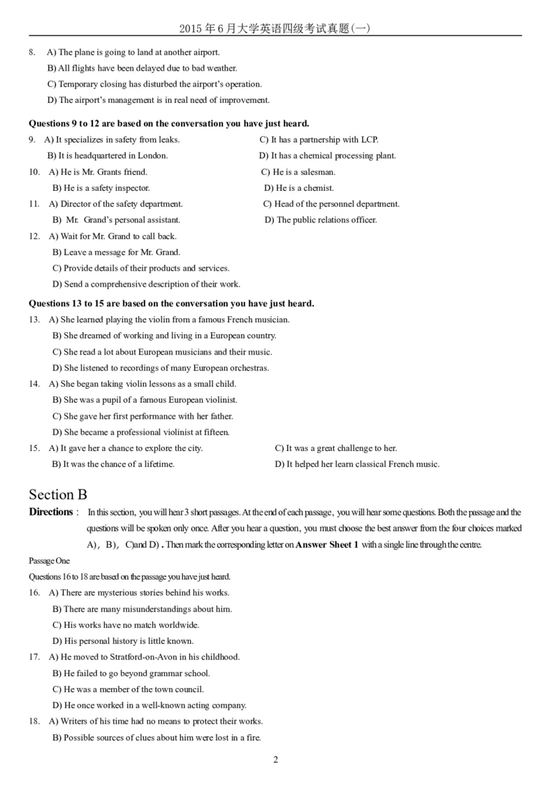 2015年6月大学英语四级真题（一）_英语四六级整合_英语四六级真题版本二此版为主此文件夹会持续更新_四级真题_1.四级真题+答案解析+听力音频(1989-2025)_2015年_2015年06月CET4