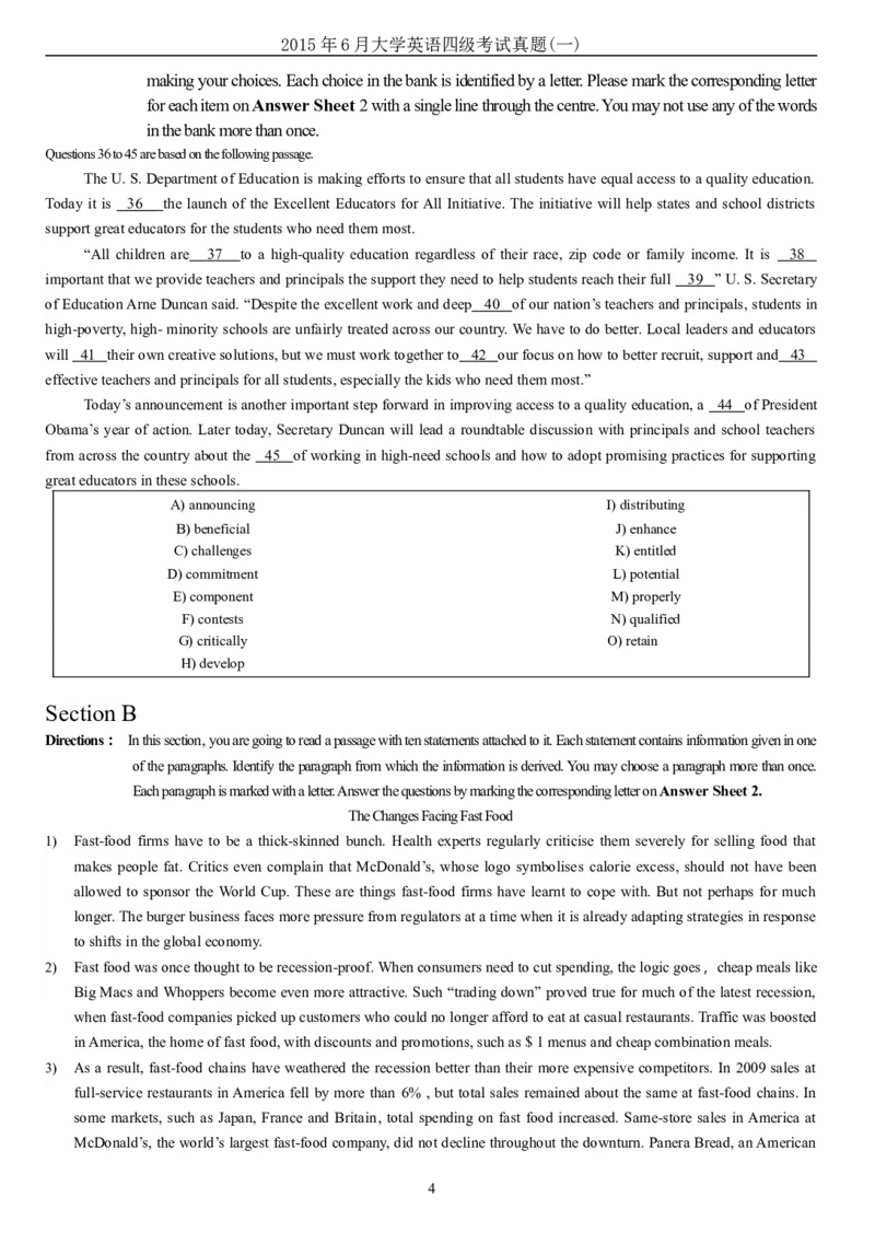 2015年6月大学英语四级真题（一）_英语四六级整合_英语四六级真题版本二此版为主此文件夹会持续更新_四级真题_1.四级真题+答案解析+听力音频(1989-2025)_2015年_2015年06月CET4