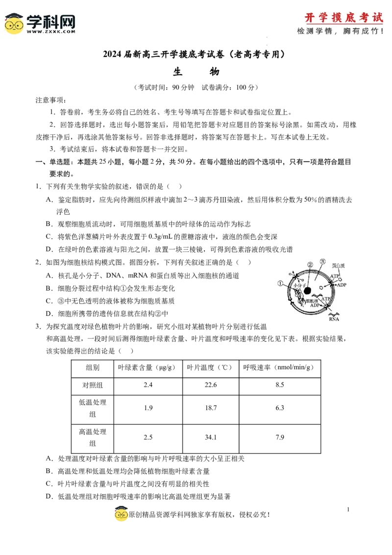 生物-2024届新高三开学摸底考试卷（老教材专用）(考试版)_2024届新高三开学摸底考试卷_生物-2024届新高三开学摸底考试卷_生物-2024届新高三开学摸底考试卷（全国通用，老教材）_39521014
