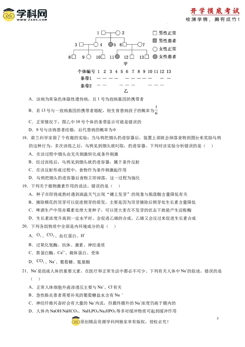 生物-2024届新高三开学摸底考试卷（老教材专用）(考试版)_2024届新高三开学摸底考试卷_生物-2024届新高三开学摸底考试卷_生物-2024届新高三开学摸底考试卷（全国通用，老教材）_39521014