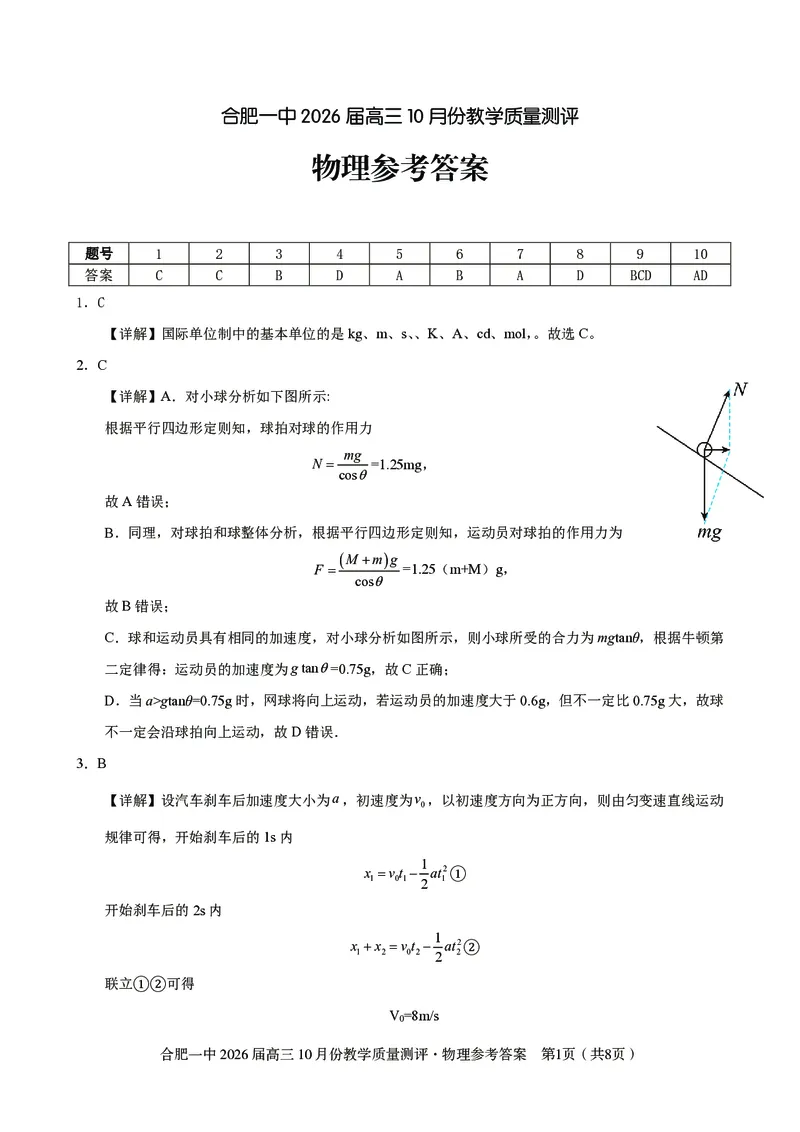 高三10月份教学质量测评物理参考答案_2025年10月_251028超清原版：安徽省合肥一中2026届高三10月份教学质量测评（全科）