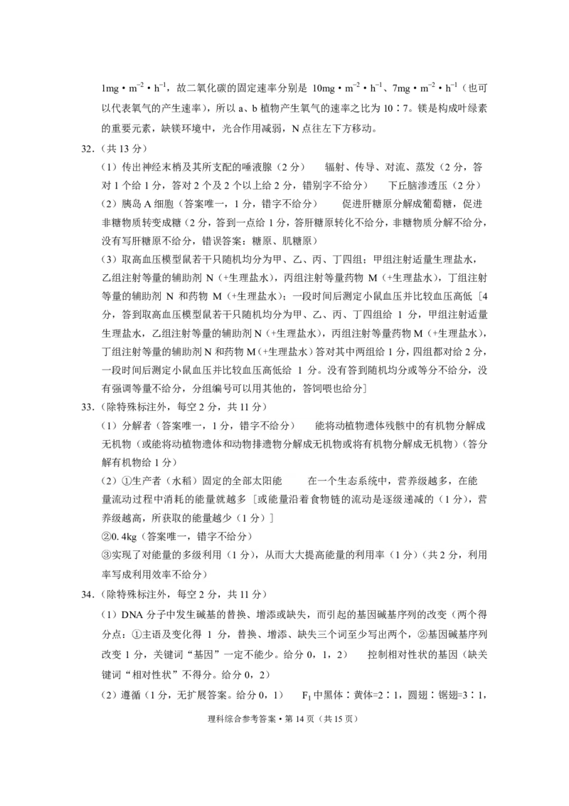 云南大理市辖区2023-2024学年高三上学期毕业生区域性规模化统一检测理综答案(1)_2023年9月_029月合集_2024届云南省大理市辖区高三区域性规模化统一检测