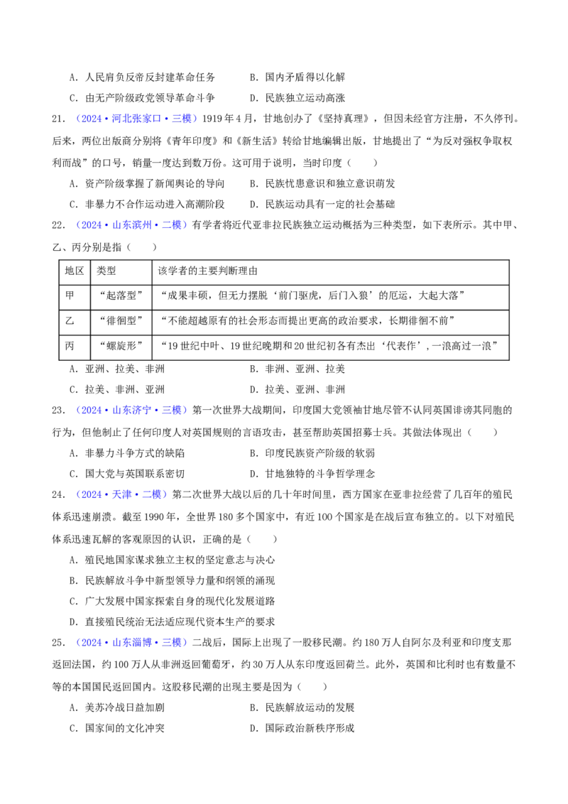专题12世界殖民体系的形成、瓦解与亚非拉民族民主运动（学生卷）-2024年高考真题和模拟题历史分类汇编（全国通用）_近10年高考真题汇编（必刷）