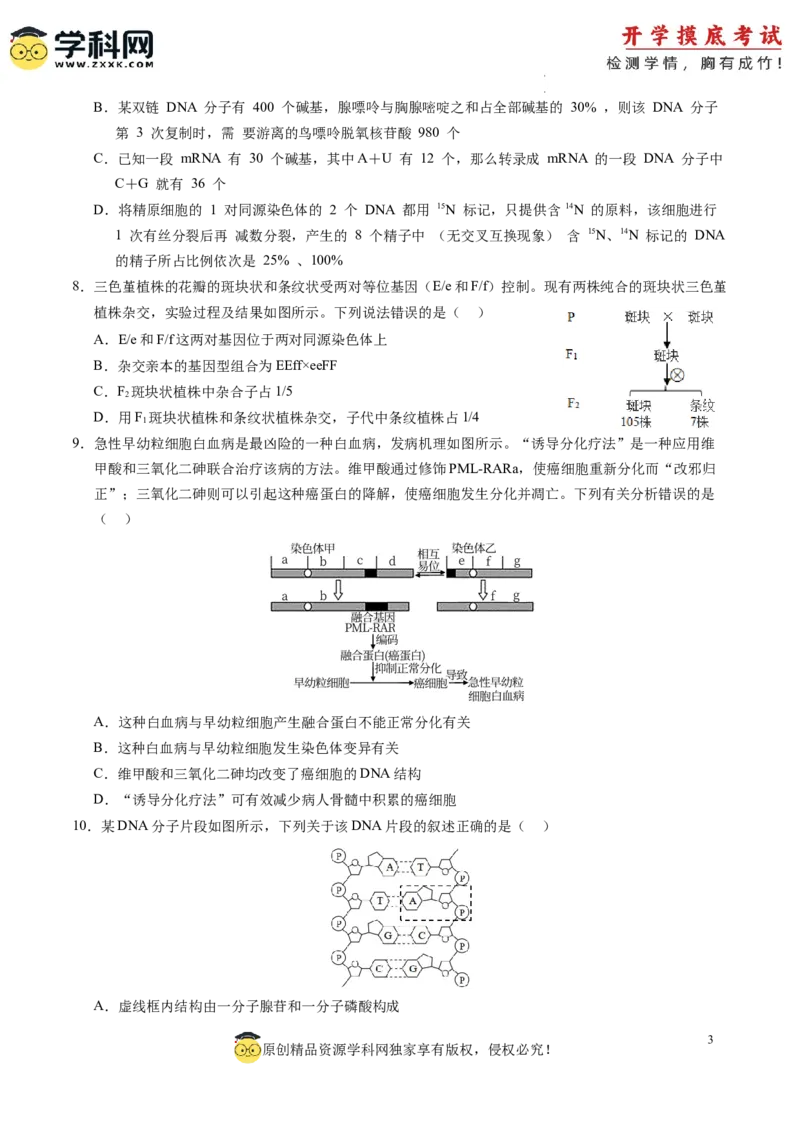 生物-2024届新高三开学摸底考试卷（新教材专用）01(考试版)_2024届新高三开学摸底考试卷_生物-2024届新高三开学摸底考试卷_生物-2024届新高三开学摸底考试卷（全国通用，新教材）01