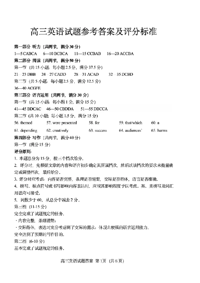 高三英语开学考试答案2025.09(2)_2025年9月_250914山东省泰安肥城市2025-2026学年高三上学期开学考试（全科）_山东省泰安肥城市2025-2026学年高三上学期开学学情诊断英语试题（含听力）