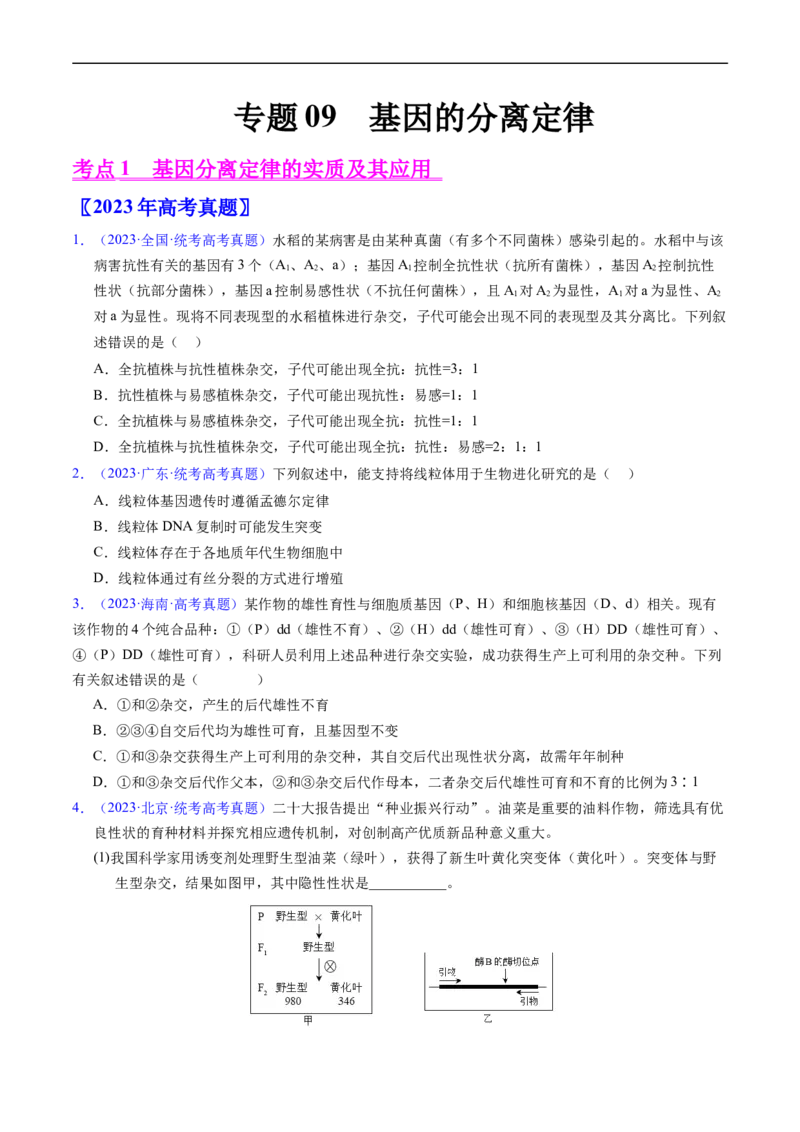 专题09基因的分离定律-五年（2019-2023）高考生物真题分项汇编（全国通用）（原卷版）_赠送：2008-2024全套高考真题_高考生物真题_送高考生物五年真题(2019-2023)分项汇编（全国通用）