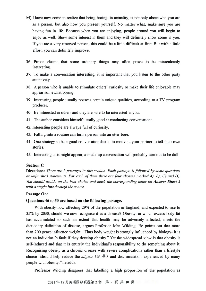 2021年12月大学英语4级（卷二）_历年英语四六级真题+解析合集2015-2023.6_2021年12月英语四六级_2021年12月英语四级真题及答案解析（三套全）
