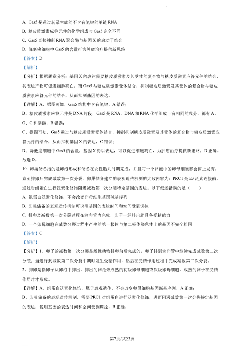 精品解析：山东省菏泽市鄄城县一中2023-2024学年高三10月月考生物试题（解析版）(1)_2023年10月_0210月合集_2024届山东省菏泽市鄄城县第一中学高三上学期10月月考