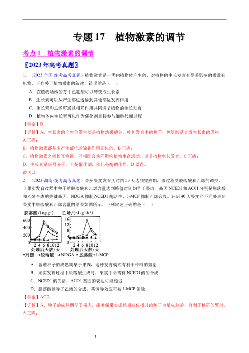 专题17植物激素的调节-五年（2019-2023）高考生物真题分项汇编（全国通用）（解析版）_赠送：2008-2024全套高考真题_高考生物真题_送高考生物五年真题(2019-2023)分项汇编（全国通用）