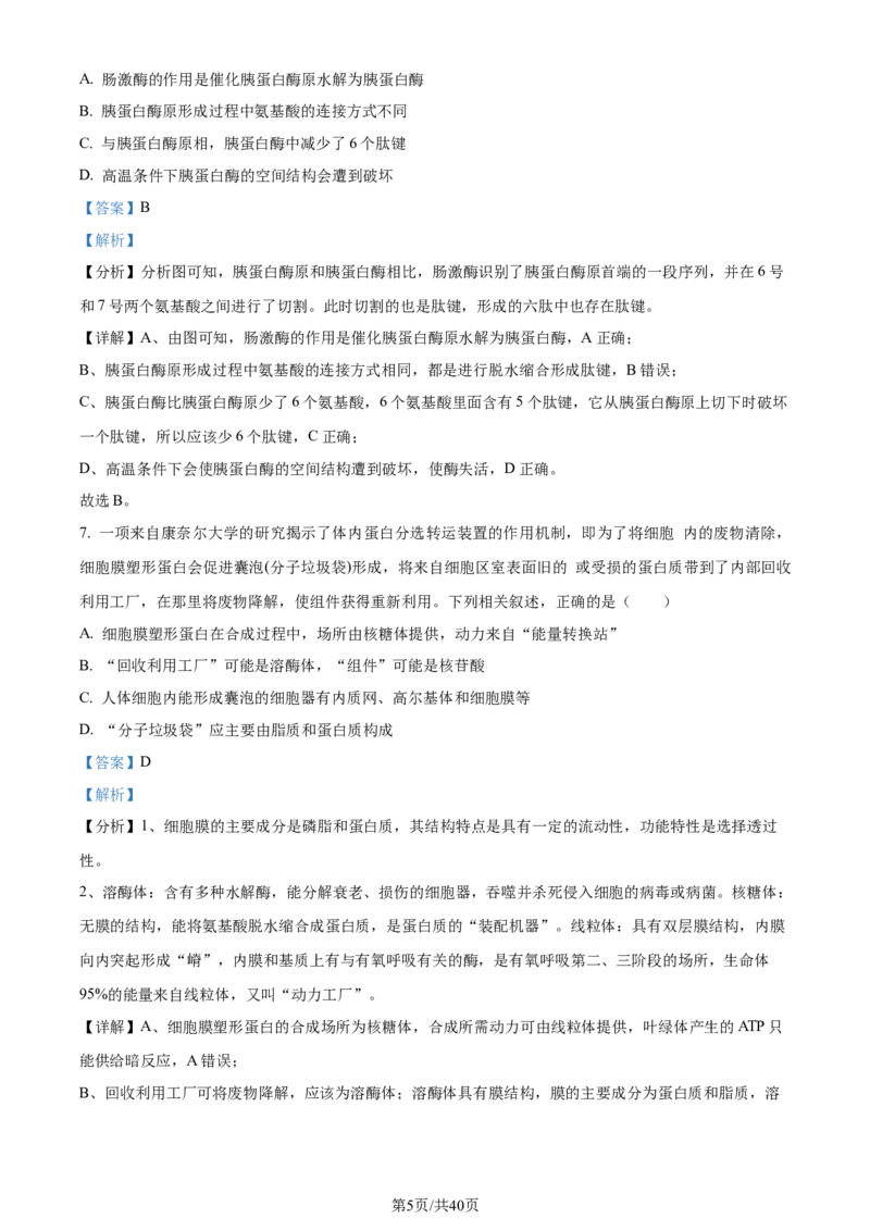 精品解析：四川省成都市石室中学2023-2024学年高三上学期开学生物试题（解析版）_2023年9月_01每日更新_3号_2024届四川省成都市石室中学高三上学期开学考试