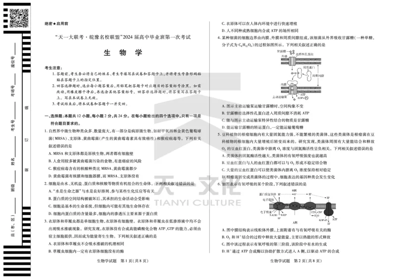 生物学皖豫联盟高三一联试卷(1)_2023年10月_0210月合集_2024届安徽省天一皖豫名校联盟高三上学期第一次大联考_2024届安徽省天一皖豫名校联盟高三上学期第一次大联考生物