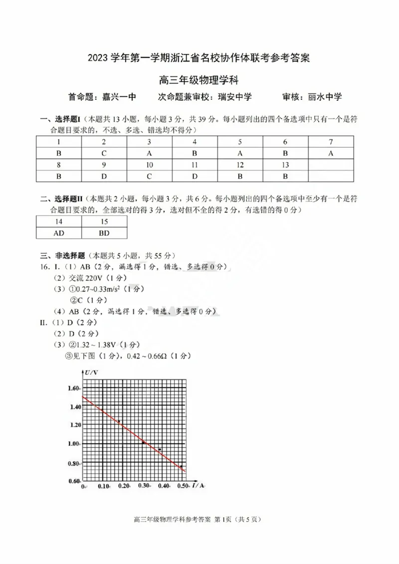 物理答案_2023年9月_01每日更新_8号_2024届浙江省名校协作体高三上学期返校联考_浙江省名校协作体2024届高三上学期返校联考物理