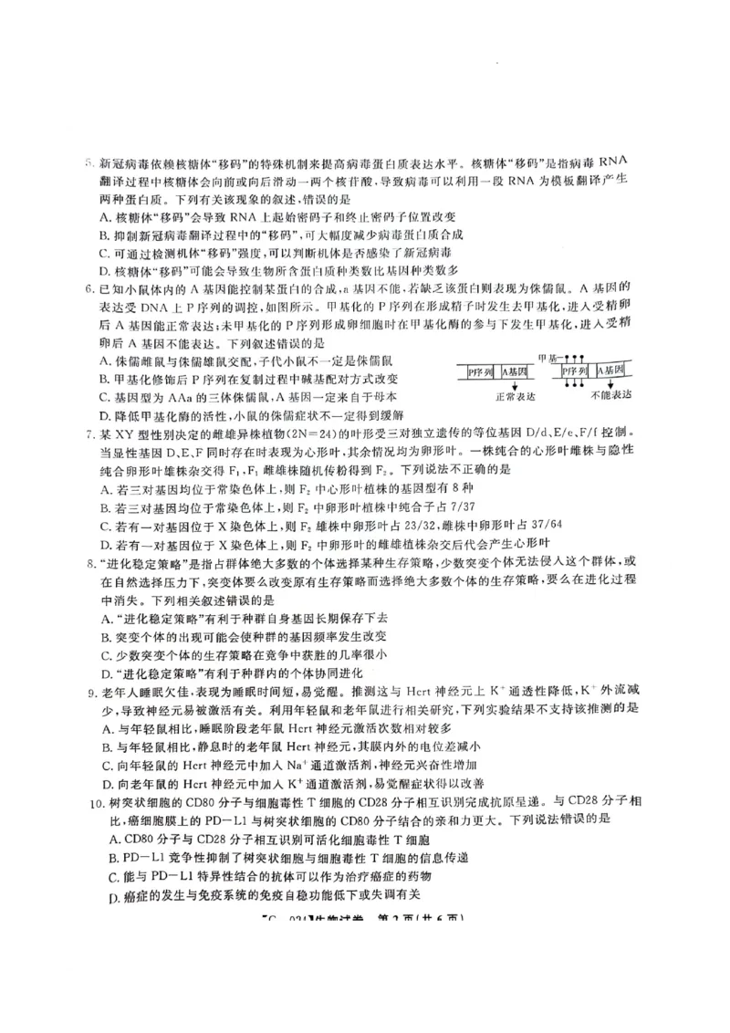 2024届安徽省阜阳市皖江名校联盟高三下学期5月模拟预测生物试题_2024年5月_01按日期_21号_2024届安徽皖江名校联盟高三5月最后一卷G-024_皖江名校联盟2024高三5月最后一卷生物试题