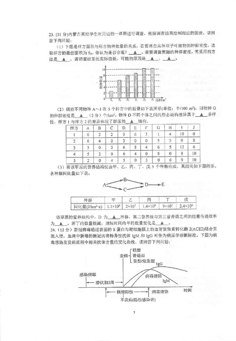 江苏省泰州中学2022-2023学年高三上学期期初调研考试生物试题(1)_2023年8月_028月合集_2023届江苏省泰州中学高三上学期期初调研考试