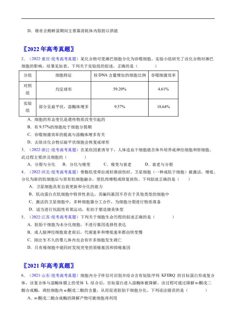 专题07细胞得分化、衰老、凋亡及癌变-五年（2019-2023）高考生物真题分项汇编（全国通用）（原卷版）_赠送：2008-2024全套高考真题_高考生物真题
