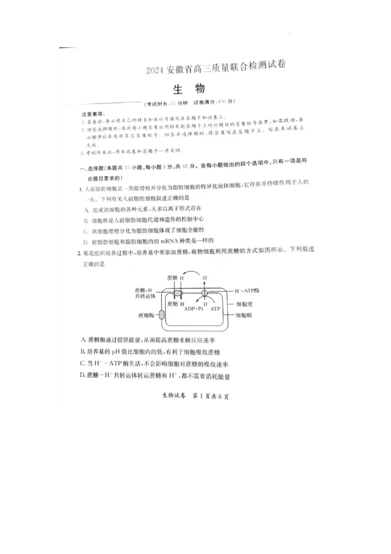 2024安徽省高三质量联合检测生物试卷_2024年5月_01按日期_8号_2024安徽省京师测评高三质量联合检测_2024安徽省京师测评高三质量联合检测生物试题