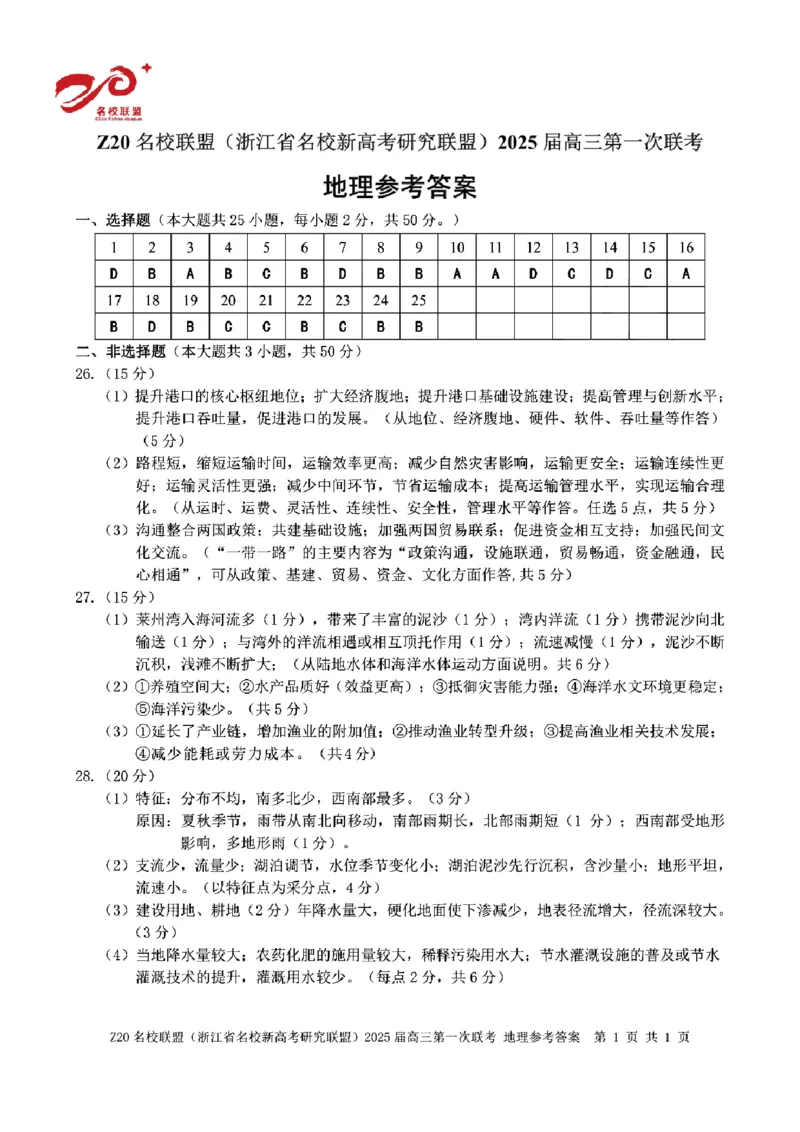 2025届Z20名校联盟(浙江省名校新高考研究联盟)高三第一次联考地理试卷及答案(1)_8月_2408242025届Z20名校联盟(浙江省名校新高考研究联盟)高三第一次联考