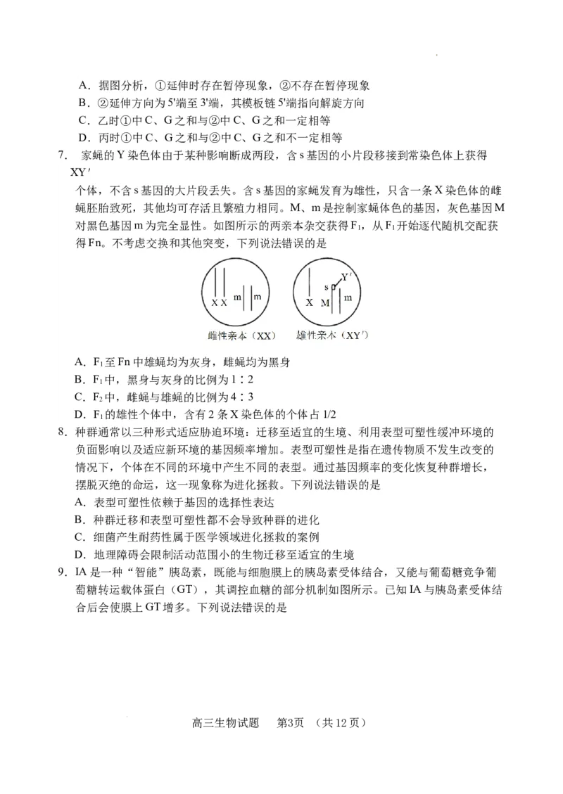 （教研室提供）山东省泰安肥城市2023-2024学年高三9月阶段测试生物试题_2023年9月_01每日更新_19号_2024届山东省泰安肥城市高三上学期9月阶段测试