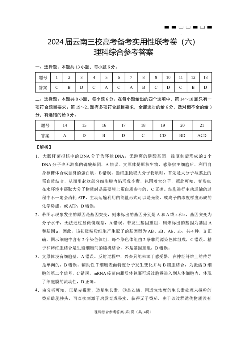 2024届云南三校高考备考实用性联考卷（六）理综-答案_2024年2月_01每日更新_24号_2024届云南省三校高考备考实用性联考卷（六）