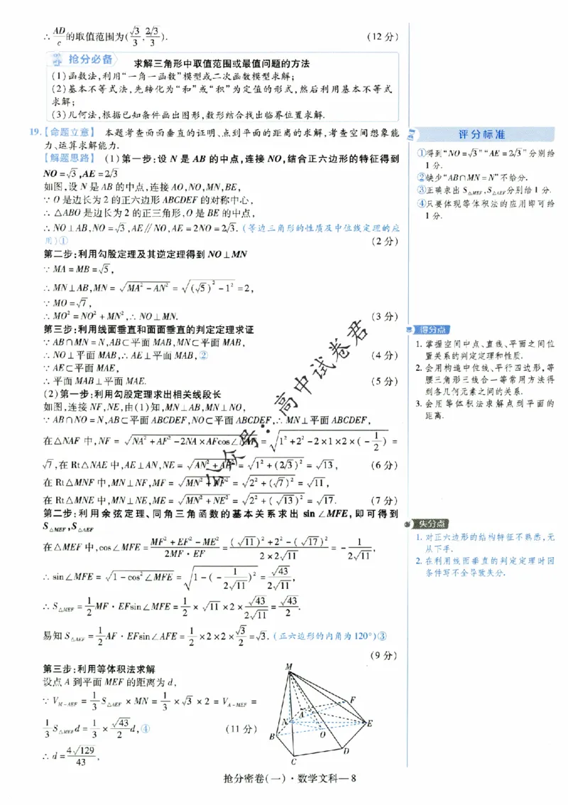 评分标准一题一模板数学文科答案_2024高考押题卷_12024天星全系列_tx抢分密卷_tx抢分密卷（老教材）