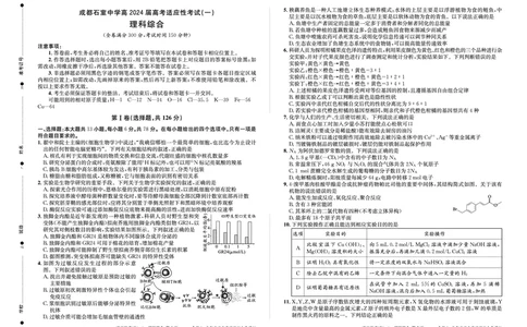 2024届四川省成都石室中学高三下学期5月高考适应性考试（一）理科综合试卷(1)_2024年5月_025月合集_2024届四川省石室中学高三5月高考适应性考试（一）