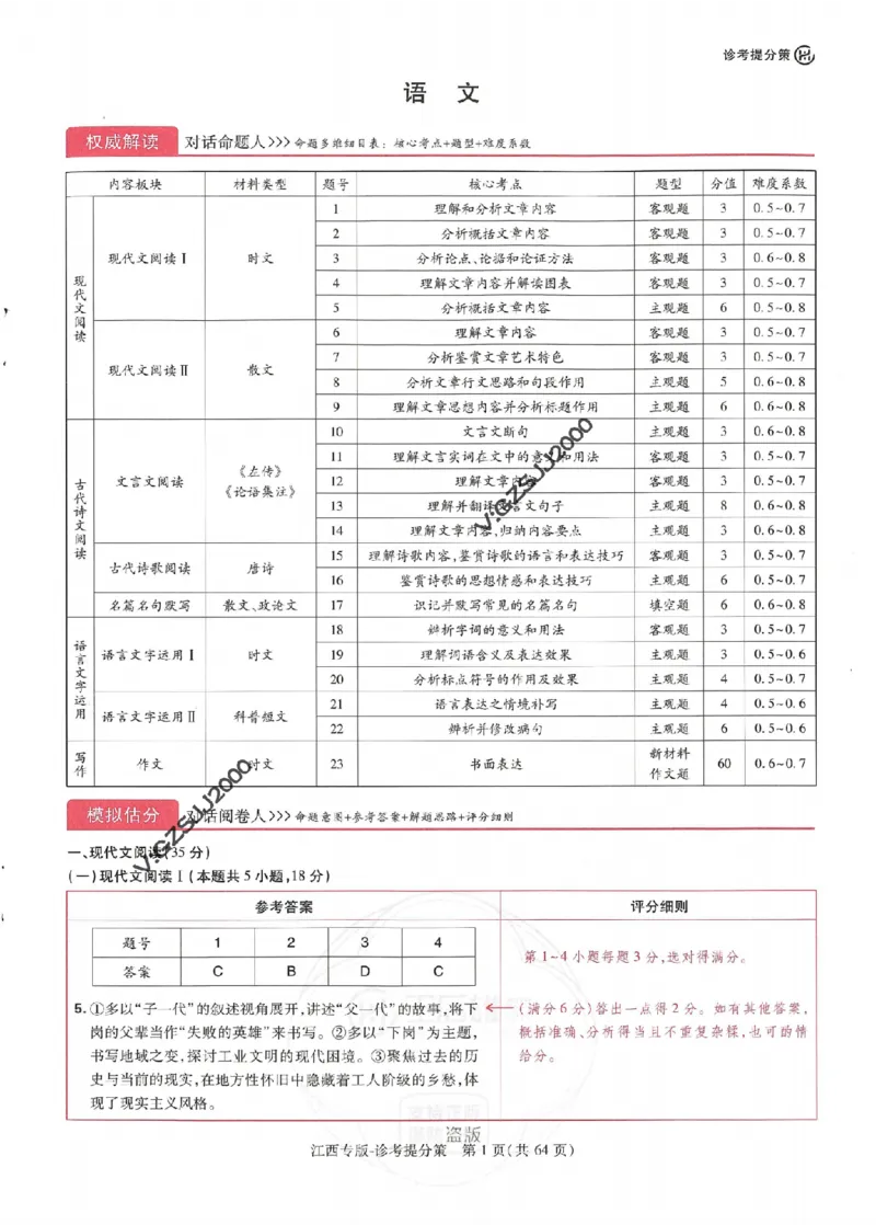 王后雄高考押题预测卷2024江西专版诊考提分册_2024高考押题卷_22024王hou雄_16王后雄押题_2024年王后雄高考押题预测卷（江西专版）