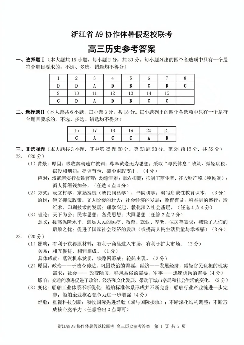 浙江省A9协作体2023-2024学年高三暑假返校联考历史答案(1)_2023年8月_028月合集_2024届浙江省A9协作体高三上学期暑假返校联考