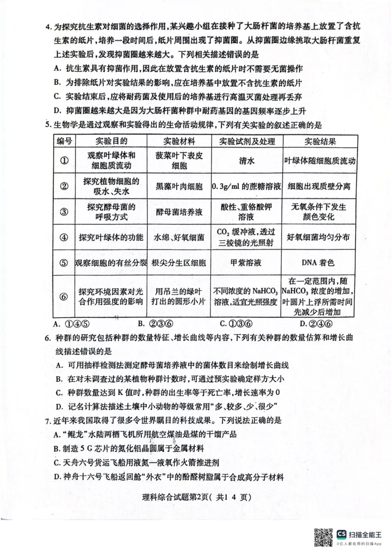 2024届山西省临汾市高三下学期适应性训练考试（三）理科综合试题_2024年5月_01按日期_1号_2024届山西省临汾市高三下学期考前适应性训练(三)
