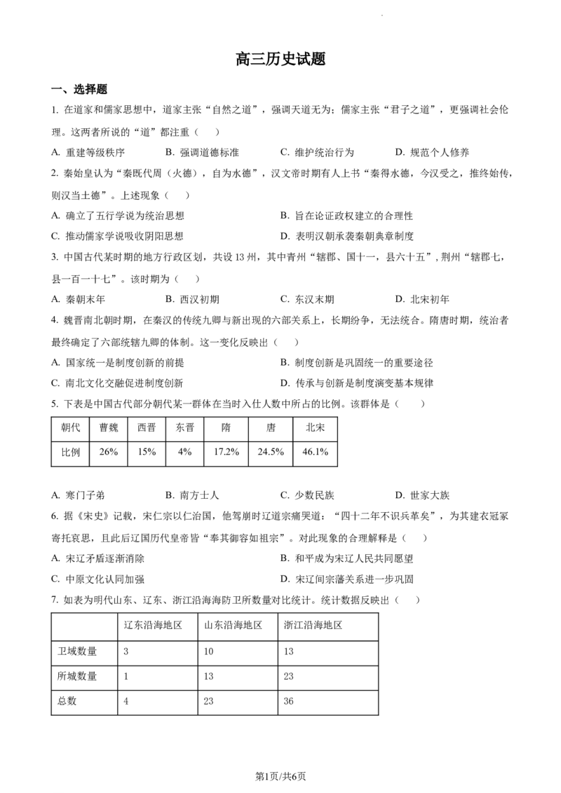 精品解析：山东省菏泽市鄄城县第一中学2024届高三10月月考历史试题（原卷版）(1)_2023年10月_0210月合集_2024届山东省菏泽市鄄城县第一中学高三上学期10月月考