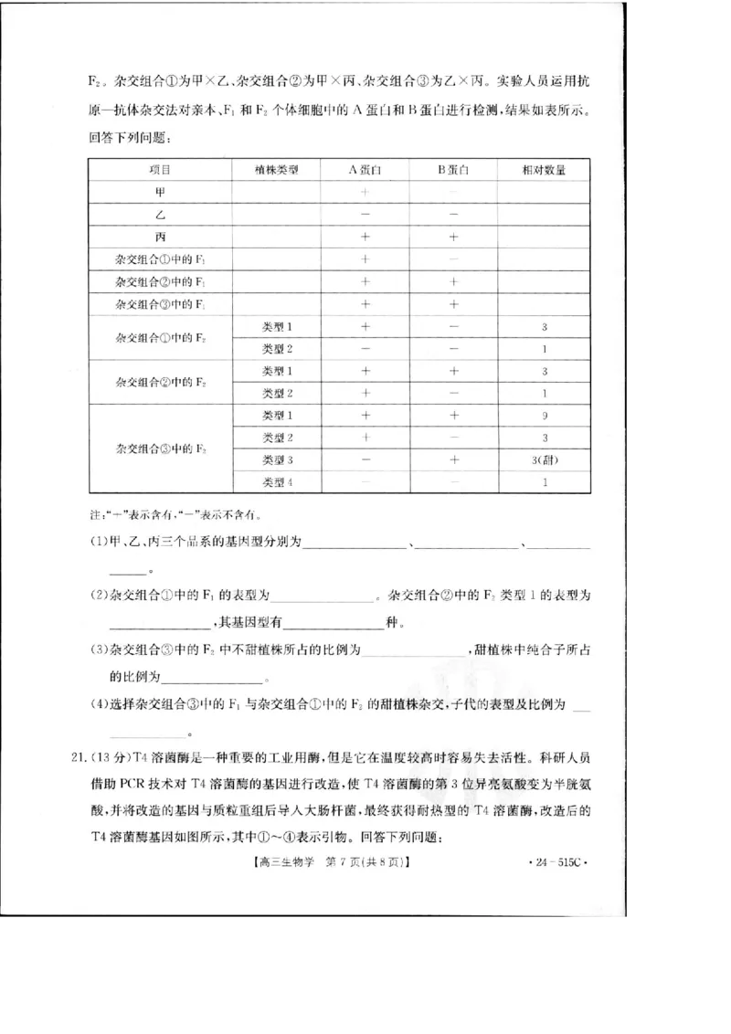2024届江西省部分学校高三下学期5月第一次适应性考试大联考生物_2024年5月_01按日期_25号_2024届江西省金太阳（515C）高三5月联考_2024届江西省金太阳高三5月联考（515C）生物