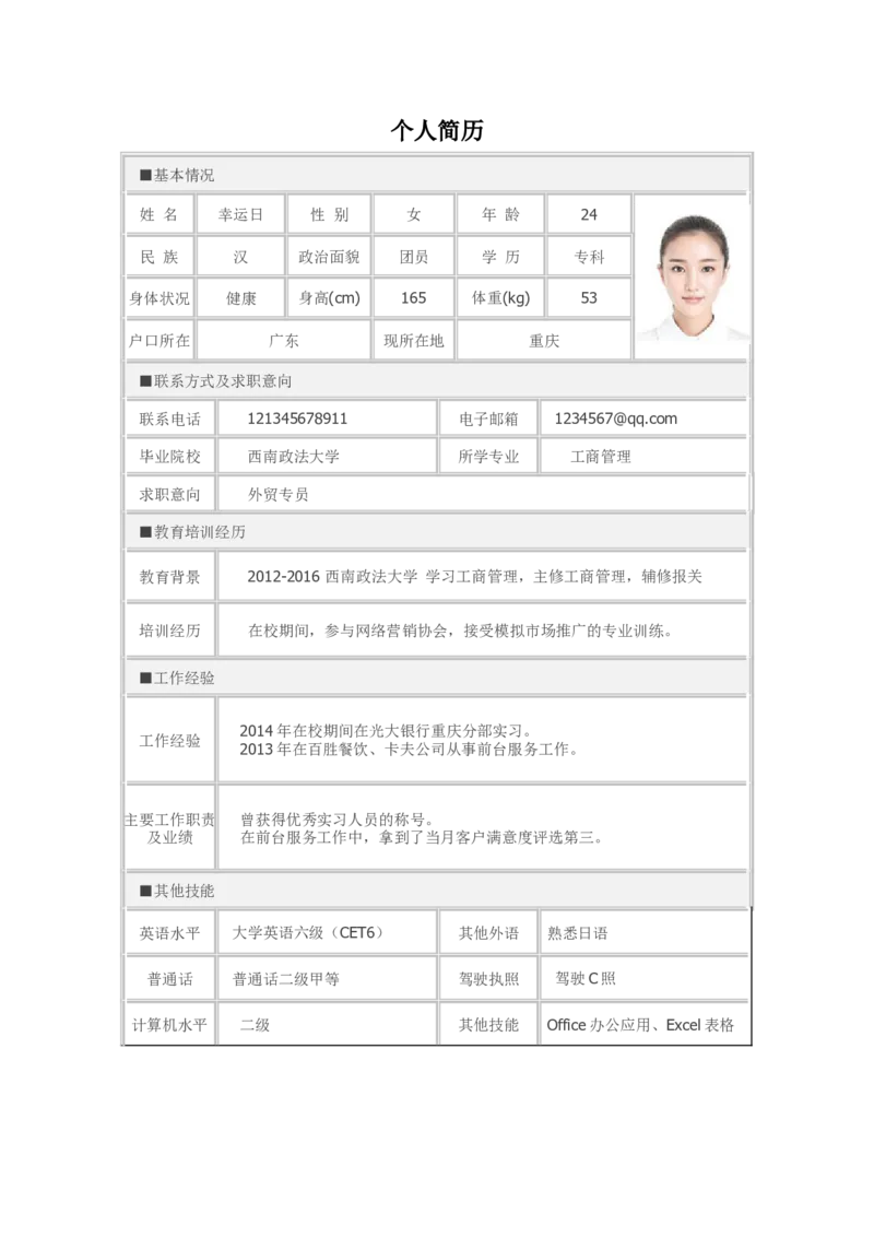 标准表格单页10_各类简历_简历模板(1)_表格模板1-18_word-