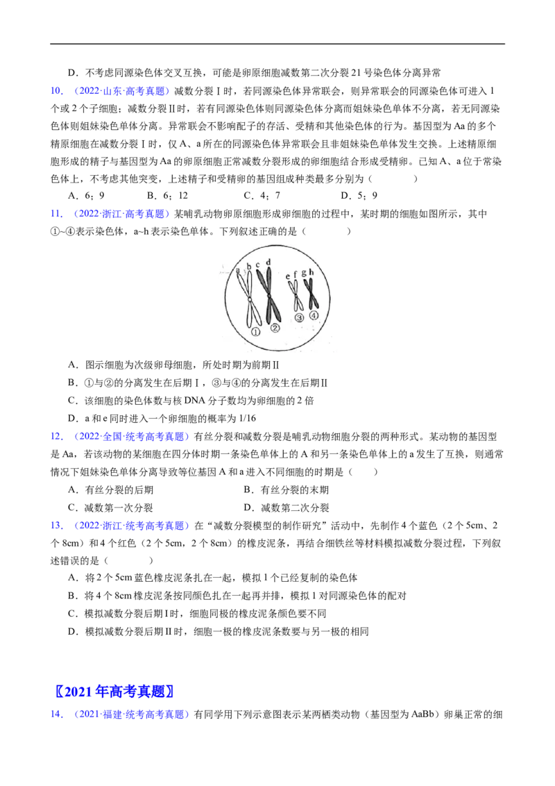 专题06有丝分裂和减数分裂-五年（2019-2023）高考生物真题分项汇编（全国通用）（原卷版）_赠送：2008-2024全套高考真题_高考生物真题