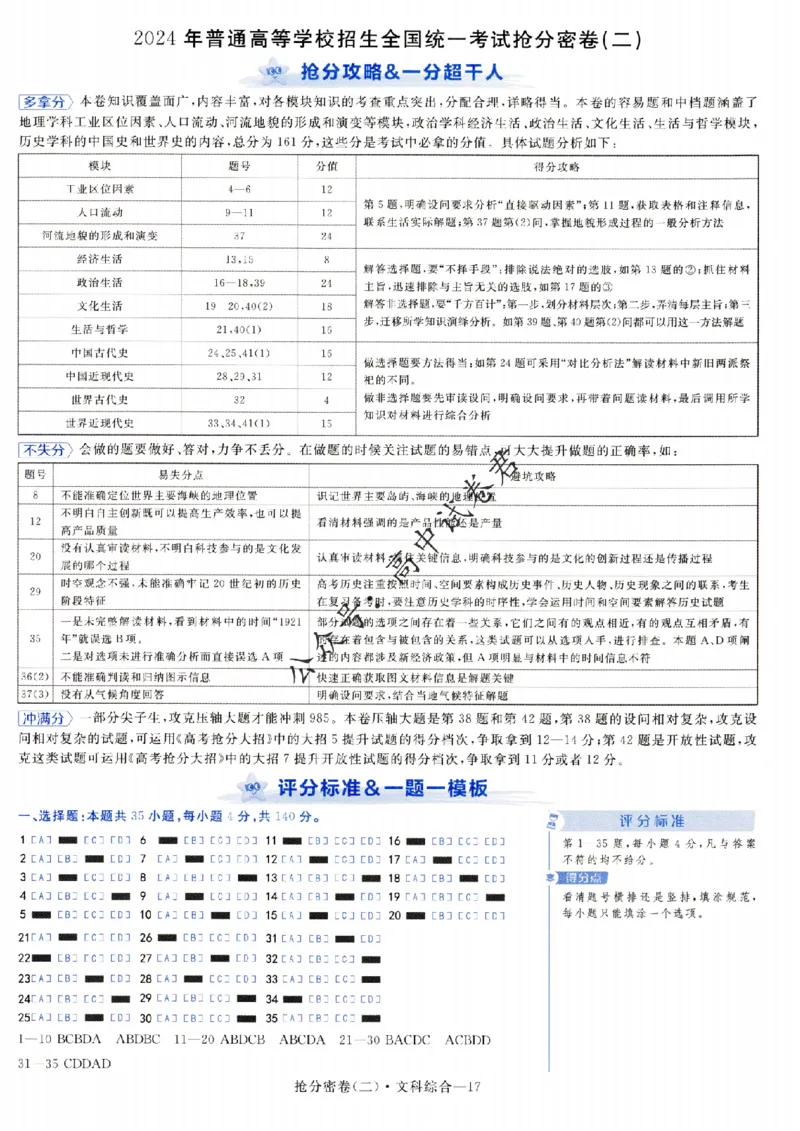 评分标准一题一模板文科综合答案_2024高考押题卷_12024天星全系列_tx抢分密卷_tx抢分密卷（老教材）