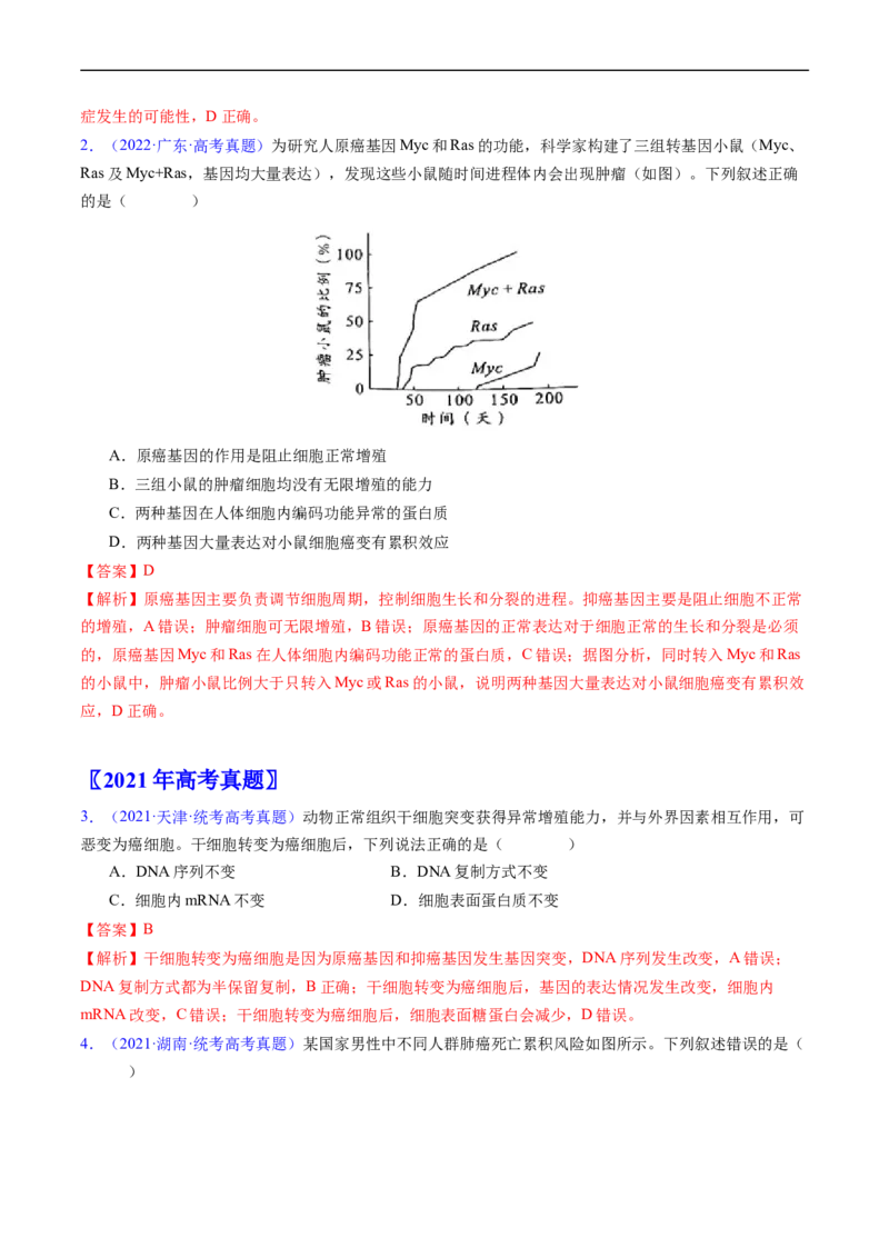 专题07细胞得分化、衰老、凋亡及癌变-五年（2019-2023）高考生物真题分项汇编（全国通用）（解析版）_赠送：2008-2024全套高考真题_高考生物真题