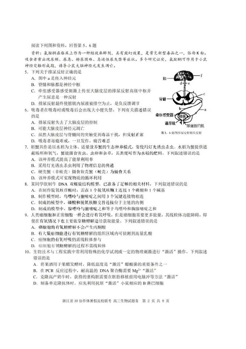 浙江省A9协作体2023-2024学年高三暑假返校联考生物(1)_2023年8月_028月合集_2024届浙江省A9协作体高三上学期暑假返校联考